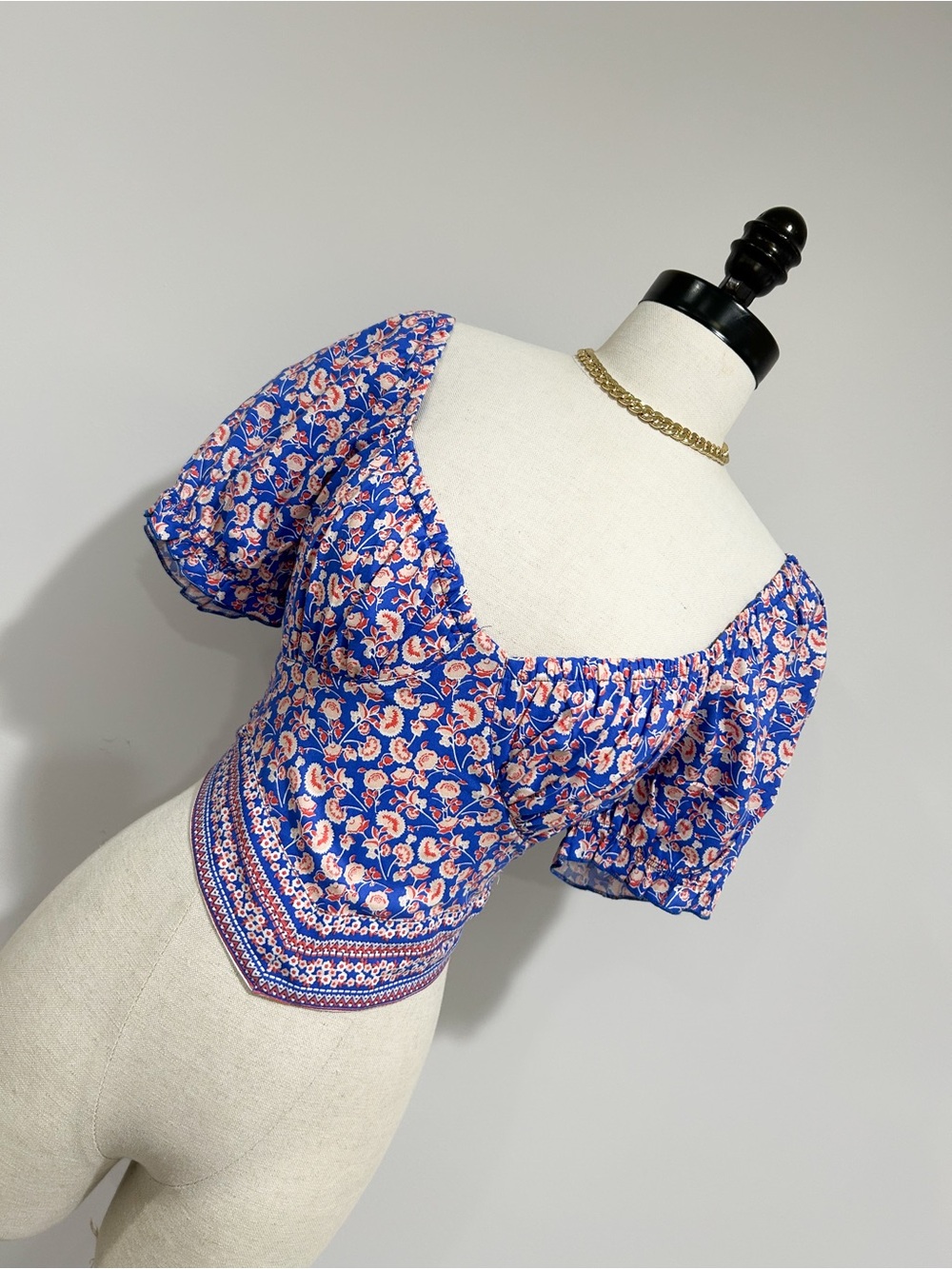 Blue Floral Square-Neck Puff Sleeve Crop Top